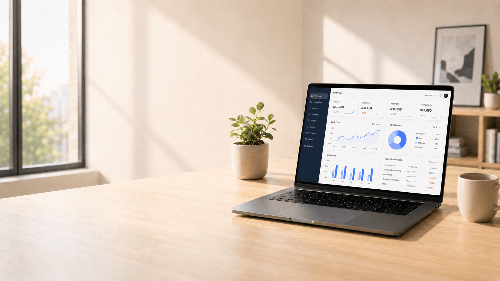 A laptop on a bright desk displaying a financial dashboard — bookkeeping and tax planning at Neelam Bansal CPA